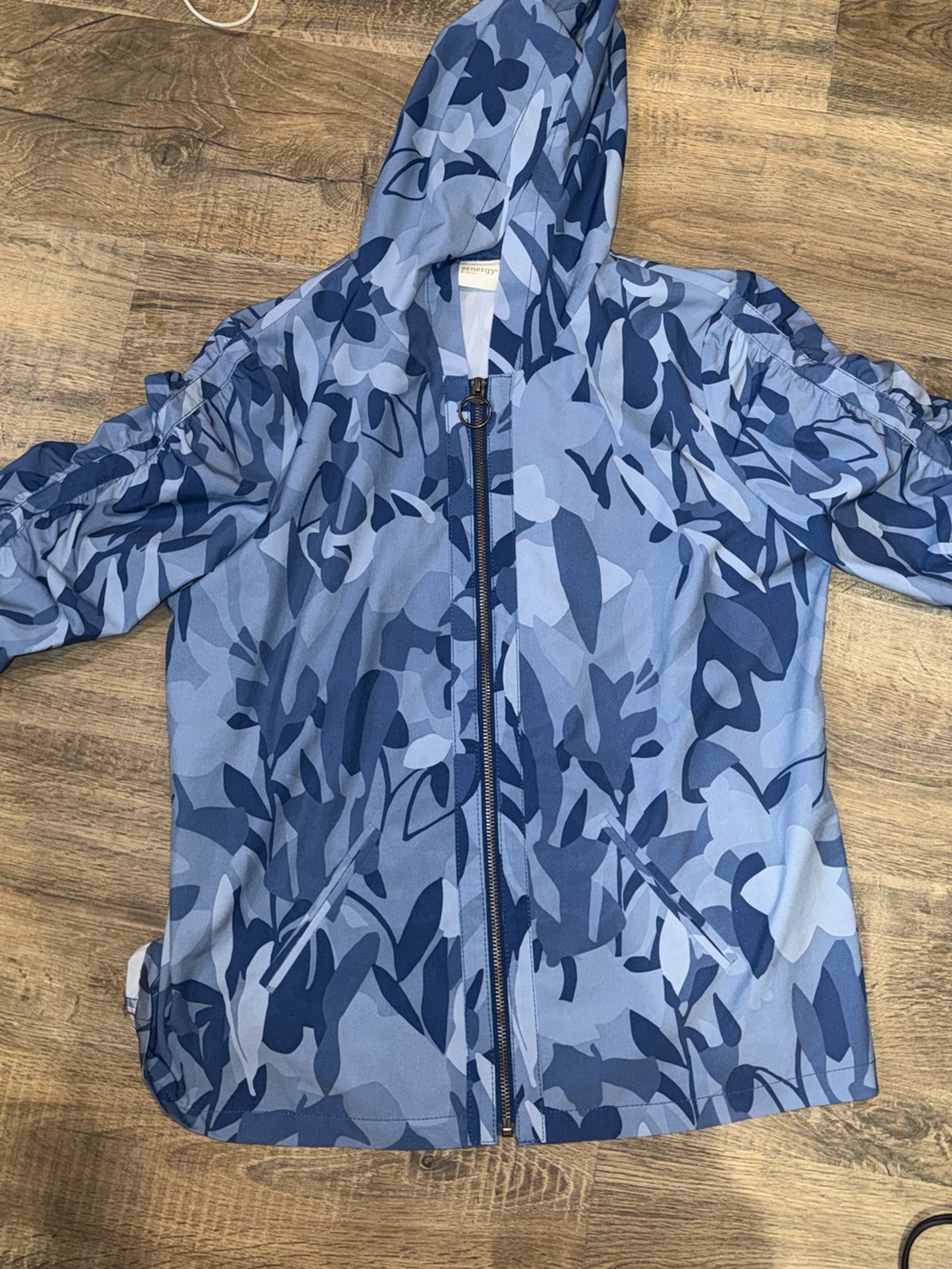 Zenergy by Chico’s Blue Floral Hooded Zip Jacket Size 1